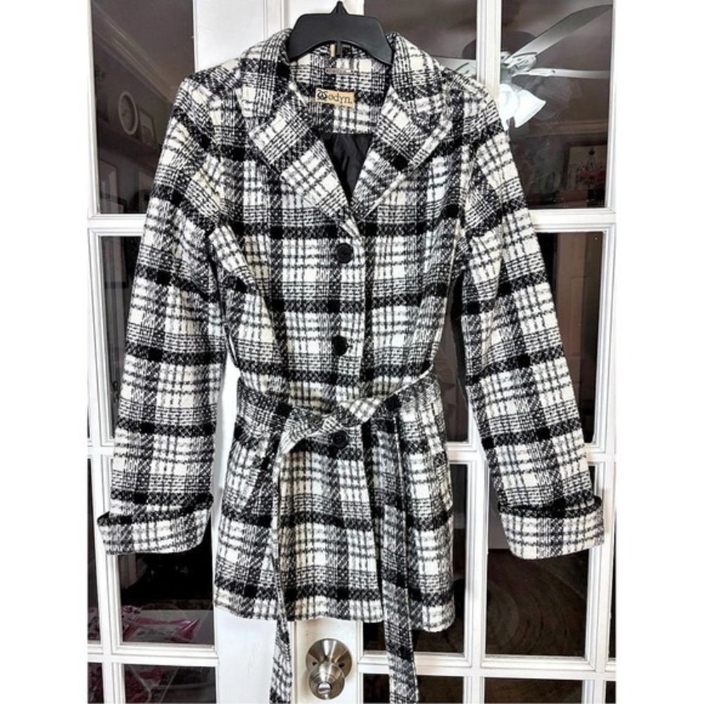 Odyn Plaid Belted Coat Black White Notched Collar Button Front Women's Large